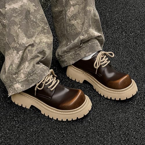 Men's Vintage Leather Platform Oxfords,Classic Comfort Round Toe Lace Up Non-Slip Casual Dress Business Derby Shoes4