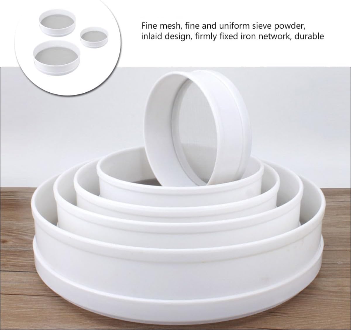 FUOYLOO 3pcs Round Flour Sifters with Fine Mesh for Baking Rice Flour Strainer and Construction for Cake Cookie Pizza Dough and Sugar Powder Dusting