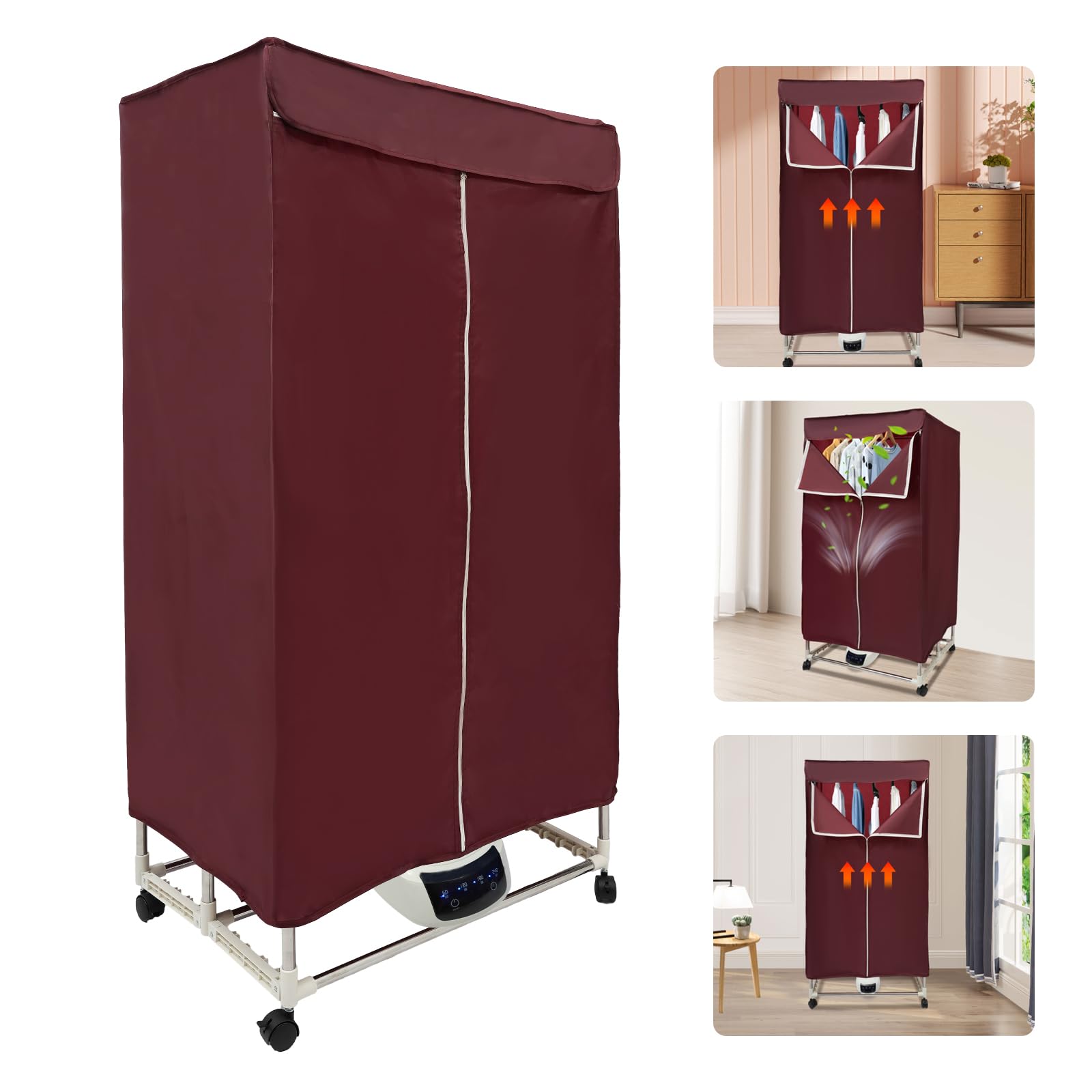 Secadora de Ropa Eléctrica 1500 W Con Temporizador y Cubierta Exterior, Plegable, Armario Portátil, Aire Caliente, Para Hoteles, Apartamentos, Dormitorios (Burdeos)