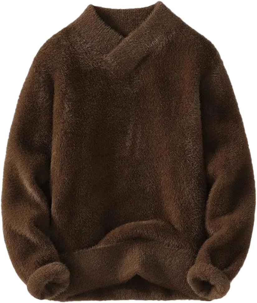 Men's Long-Sleeve V-Neck Solid Color Sweater Wool Knitted Pullovers Fall Winter Soft Warm Bottoming Shirt