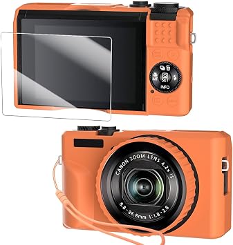 Silicone Case for Powershot G7X Mark III Digital Camera with with Removable Lens Cover and Screen Protector and a Lanyard for Powershot G7X Mark III accessories -Orange