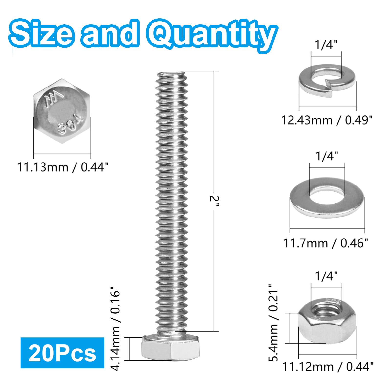Stainless Steel Hex Bolts - 20 Sets 1/4-20 -2