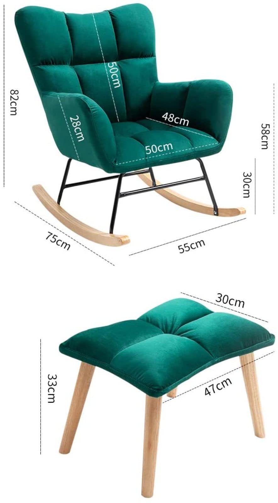 Sedia a dondolo reclinabile moderna con sgabello, divano singolo imbottito in rosa, verde o blu, gambe in legno massello, ideale per camera da letto o soggiorno