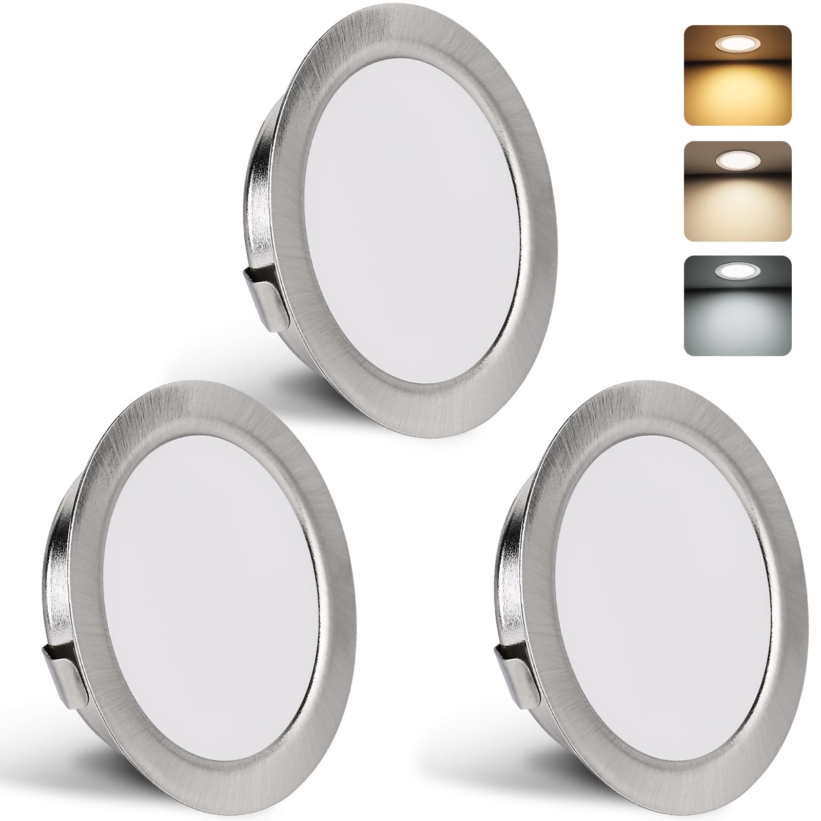 YindaLux Set of 3 Recessed LED Spotlights 230V 3W 3000K Warm White 4000K Neutral White 6000K Cool White, 15mm Extra Flat Ceiling Spotlights 300LM Hole 55-58mm, IP44 Bathroom Spotlight, Brushed Nickel