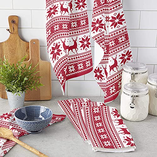 Christmas Ethnic Snowflakes Reindeers Kitchen Cloth Dish Towel 18X28In Pack Of 1,Super Soft Absorbent Tea Towels Hand Towel Red And White Rustic Farmhouse Cleaning Dish Cloths For Drying Dishes #TOP2