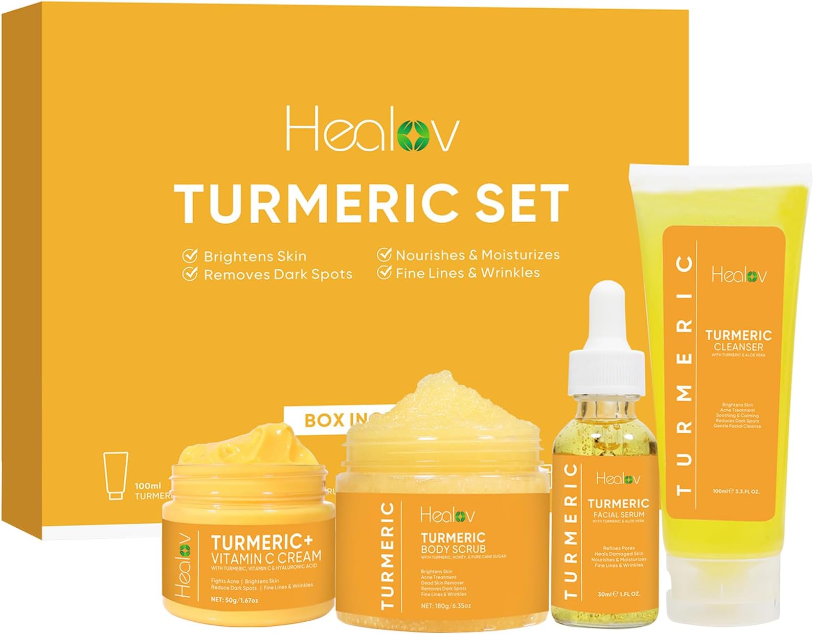 Healov Turmeric Skincare Set - Turmeric Skin Care Products Brightening & Acne - Turmeric Skin Care Kit, Turmeric Skin Care Set - Turmeric Cleanser, Body Scrub, Face Cream & Facial Serum