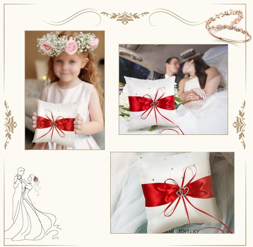 Yosoo 20cmx20cm Bridal Wedding Pocket Ring Pillow Cushion Bearer with Double Hearts Decoration, Red