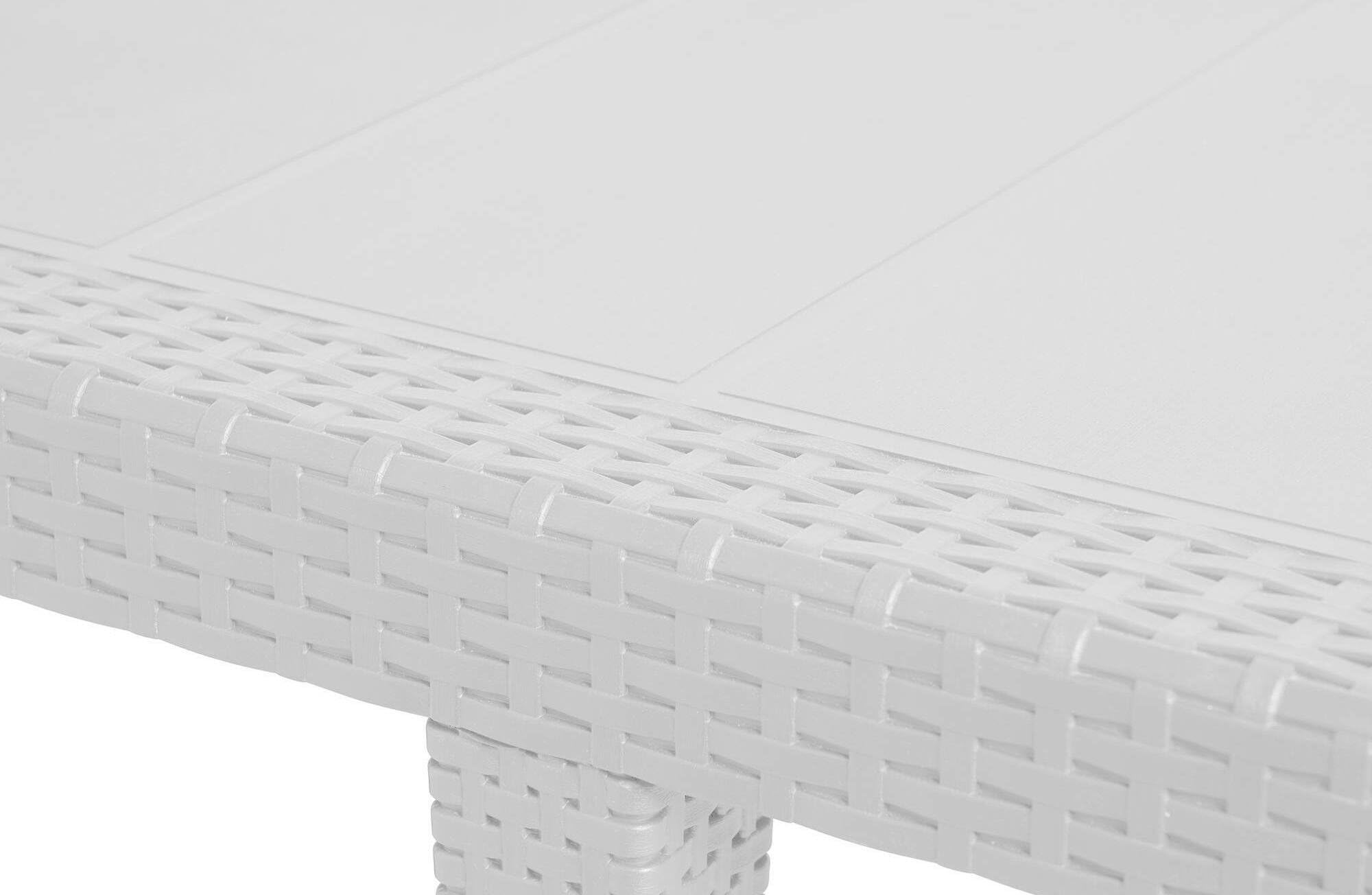 Dmora - Tavolo da esterno Roma, Ripiano rettangolare allungabile da pranzo, Tavolo da giardino estensibile effetto rattan, 100% Made in Italy, 150/220x90h72 cm, Bianco