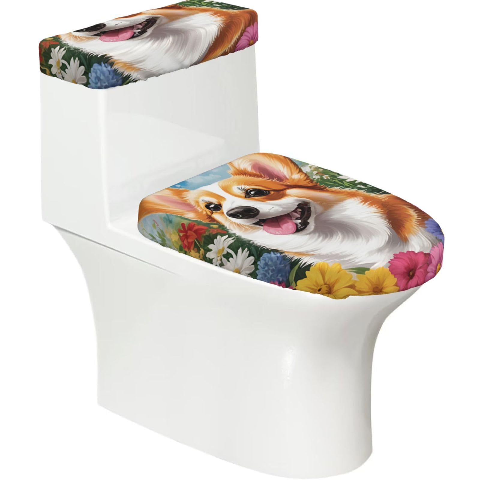 X Psblty Corgi Floral Flowers Spring Garden Toilet Seat Cover Set 2 Piece Bathroom Decor Toilet Lid Cover With Tank Top Cover Stretch Fit Soft Fabric For Home 15-21 Inch