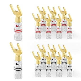 Nakamichi Excel Series 24k Gold Plated Spade Y Banana Plug 12-18 AWG Gauge Size 4mm for Speakers Amplifier Hi-Fi AV Stereo Home Theatre Audio Wire Cable Screw Connector, 16 Pcs 8-Pairs
