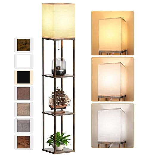 Floor Lamp with Shelves for Living Room Brown, Shelf Floor Lamp with 3 CCT LED Bulb, Corner Display Standing Column Lamp Etagere Organizer Tower Nightstand with White Linen Shade for Bedroom