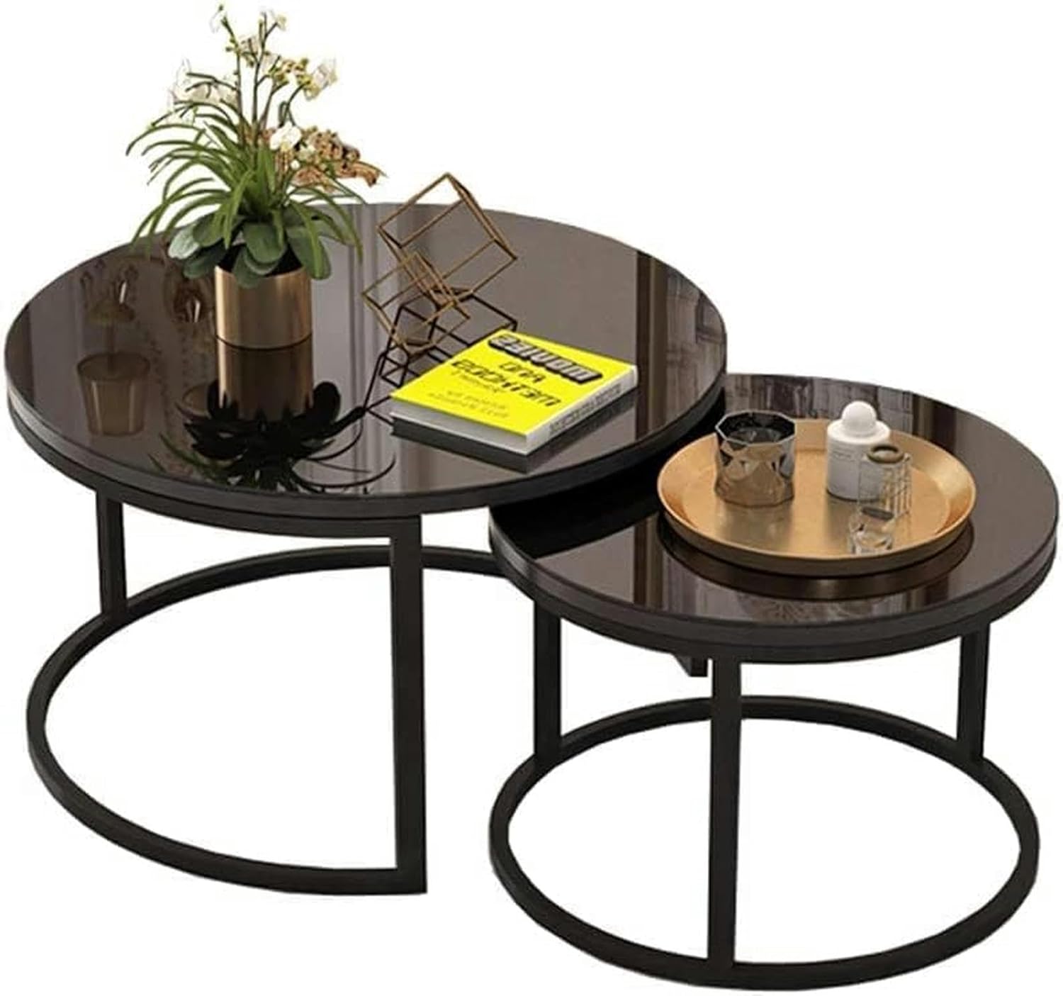 AMNOOL Tempered Glass Nesting Tables Set, Modern Metal Frame Coffee Table Furniture for Living Room