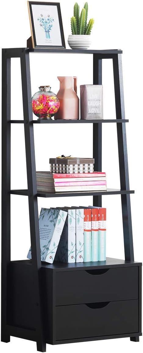 Tangkula 4-Tier Ladder Shelf with 2 Drawers, 52.5" Tall Freestanding Bookcase, Shelving Unit Display Rack with Storage for Bedroom, Living Room, Home Office (1, Black)
