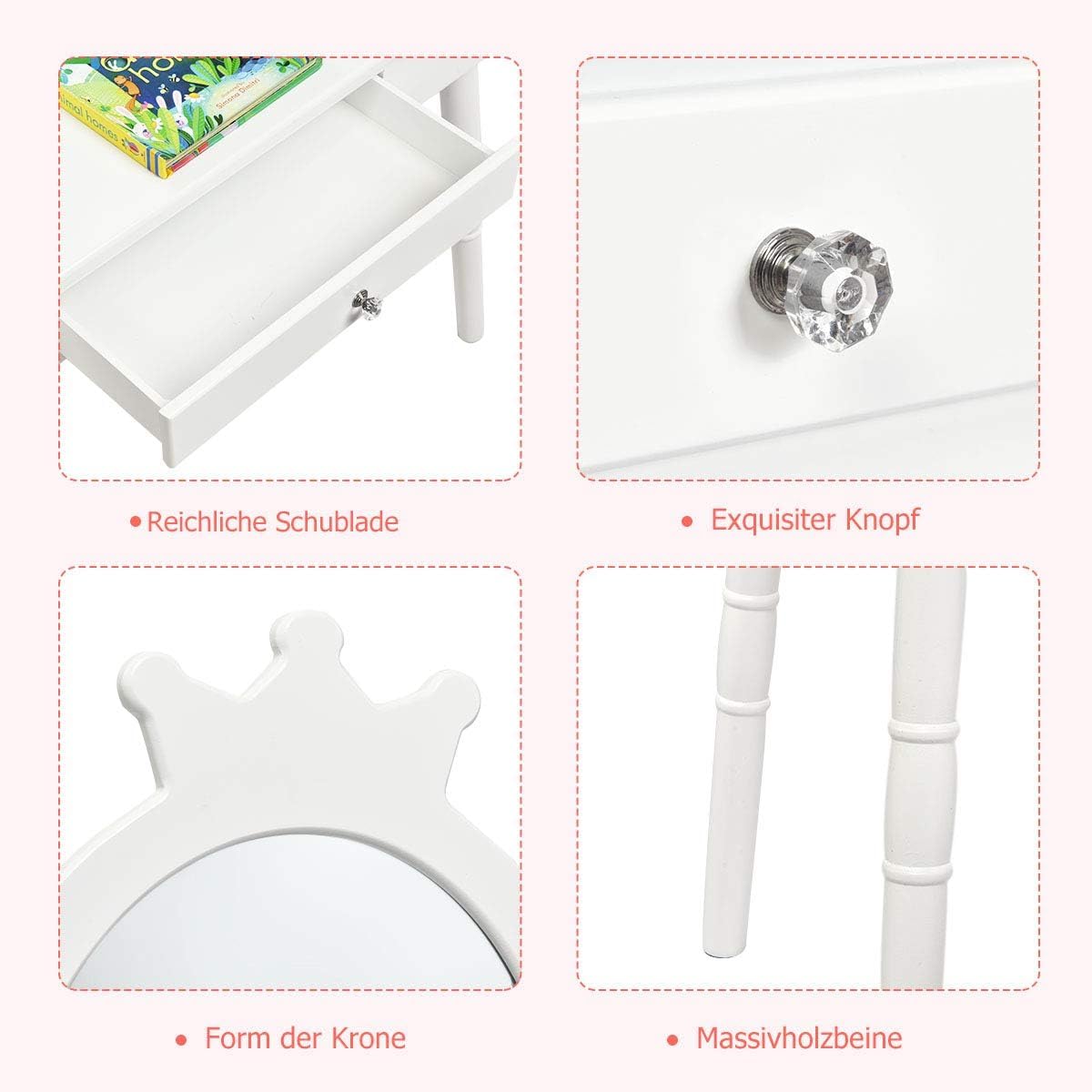 FANTASK Tocador Infantil 2 en 1, tocador y Escritorio con Espejo y Taburete Desmontables, Color Blanco