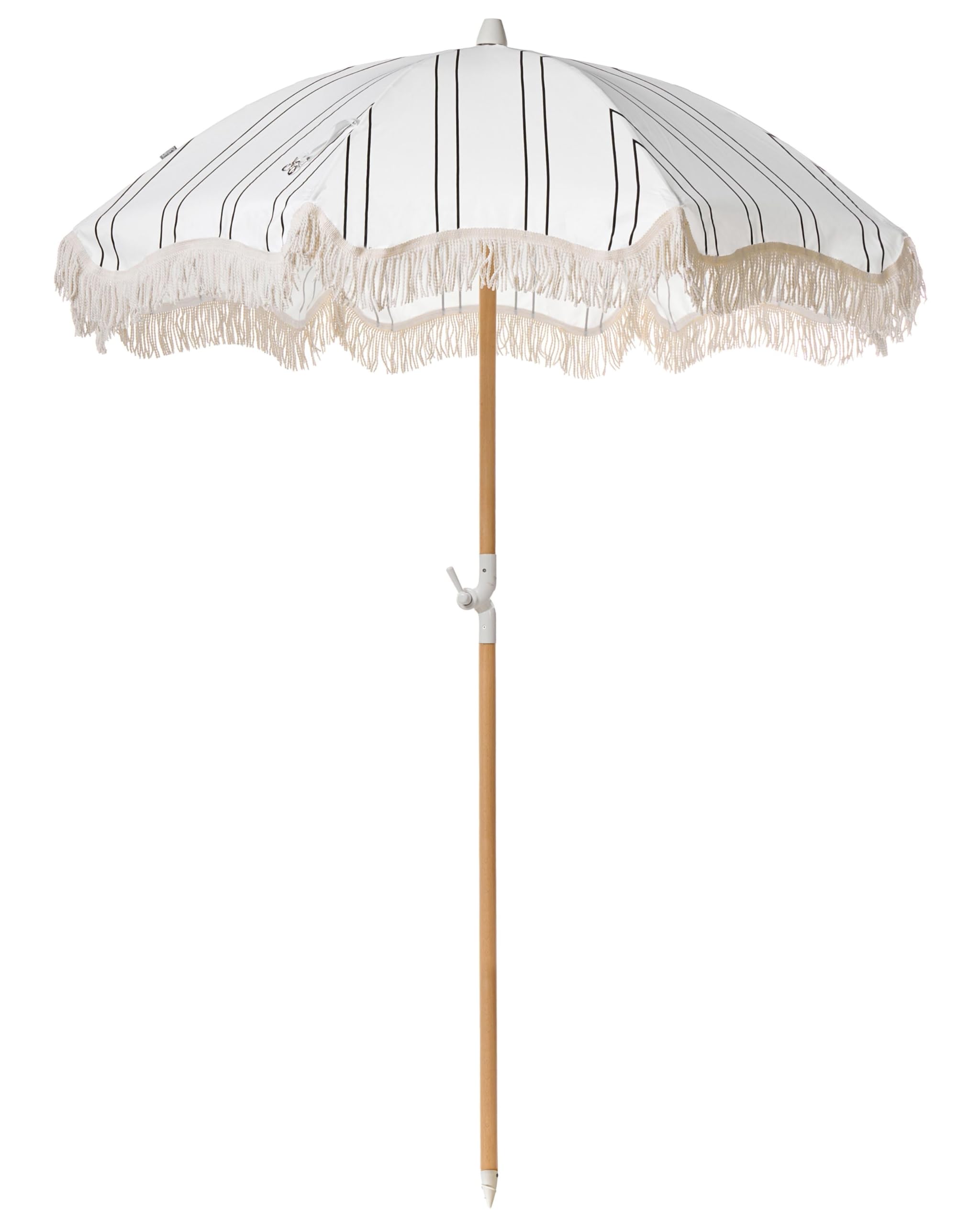 Beliani Retro Garden Market Parasol Outdoor Umbrella Beech Wood Pole White and Black Mondello