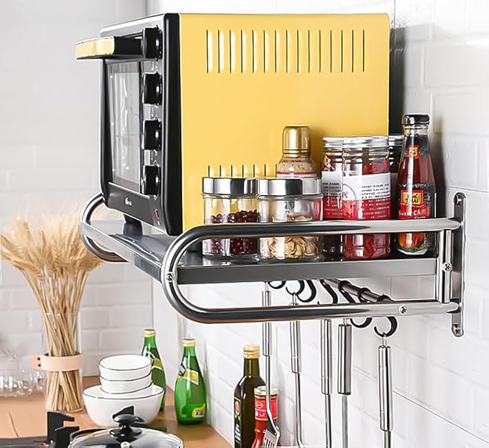Stainless Steel Microwave Wall Mount Shelf with 6 Hooks - 66 lbs Capacity, 21x15 Inches, Easy Install, Space-Saving Organizer for Home and Kitchen