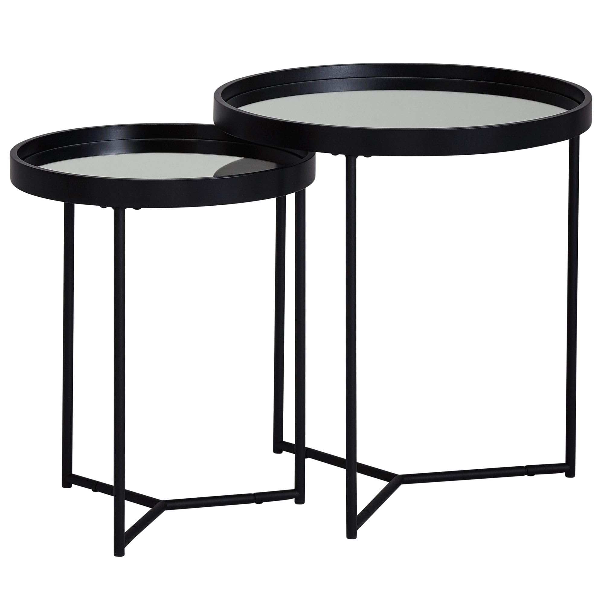 FineBuy Design Beistelltisch Rund Ø 50/36 cm - 2 teilig Schwarz mit Spiegel Glasplatte, Wohnzimmertisch 2er Set, Satztisch verspiegelt, Couchtisch