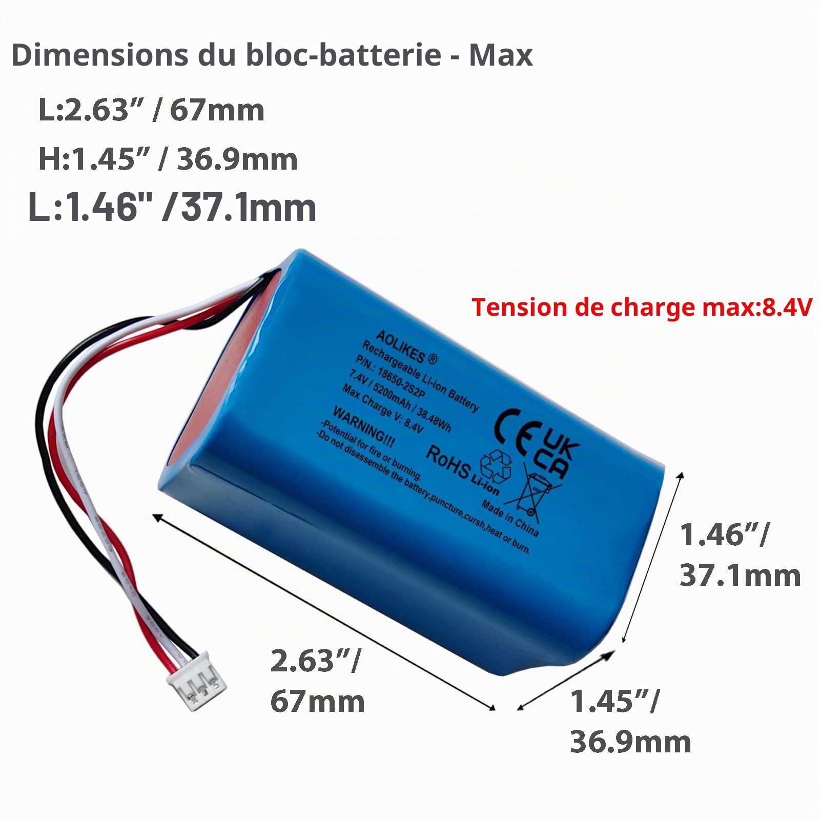 AOLIKES Batterie lithium-ion rechargeable 18650 2s2p 5200 mAh 7,4 V avec connecteur PH2.0/3P / cellules 5C / prend en charge la charge rapide