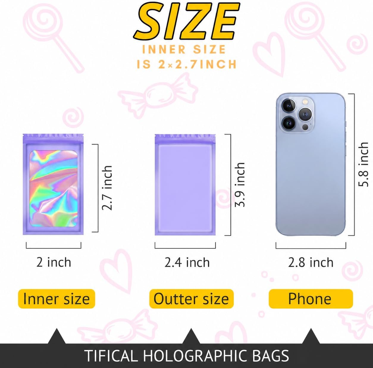 100PCS Resealable Holographic Bags, Jewelry Bags|Purple,2.4x3.9in image 2