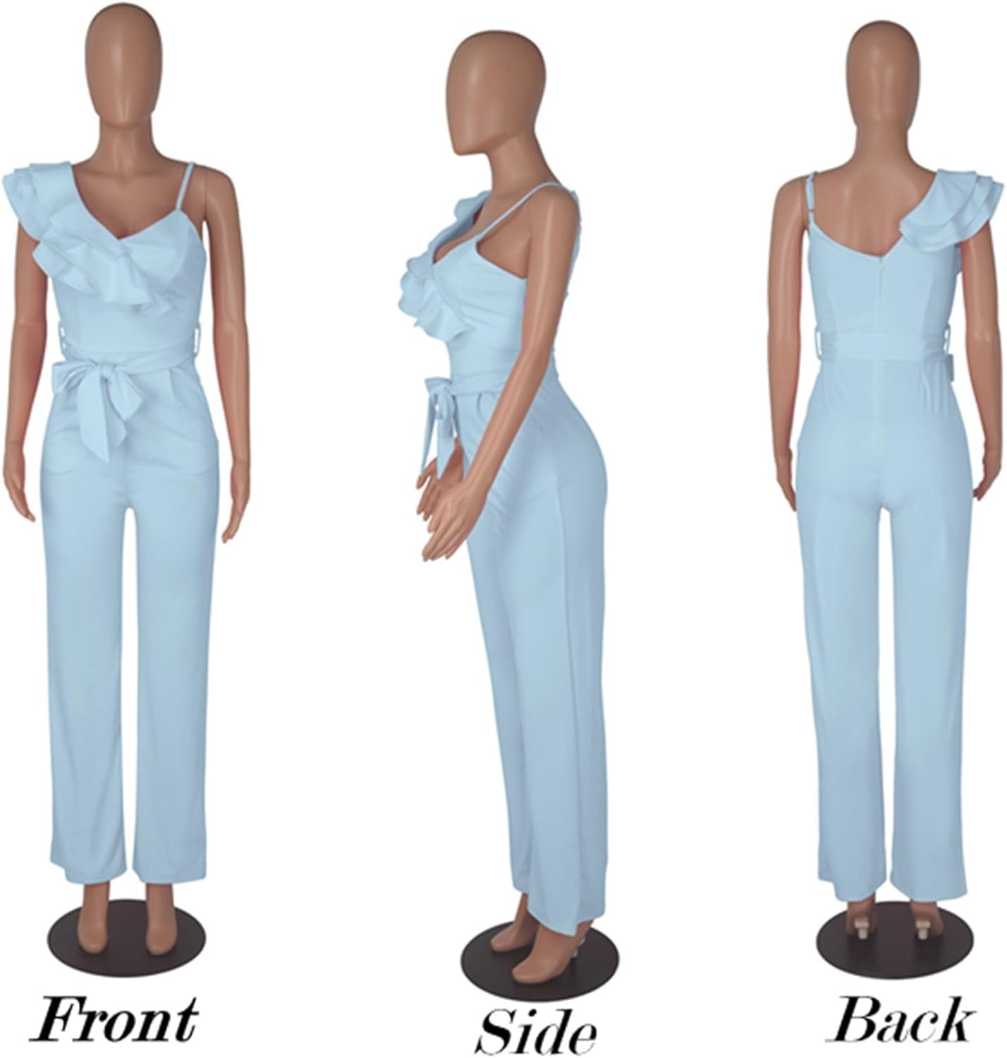 kaimimei Womens Casual Jumpsuits V-Neck Sleeveless Ruffle Backless Belted Wide Leg Pant Sexy Romper Party Clubwear - Image 4