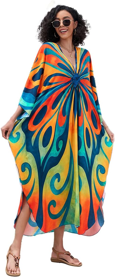 Plus Size Kaftan Dresses for Women Loose Batwing Sleeve Bathing Suit Cover Up Lightweight Loungewear
