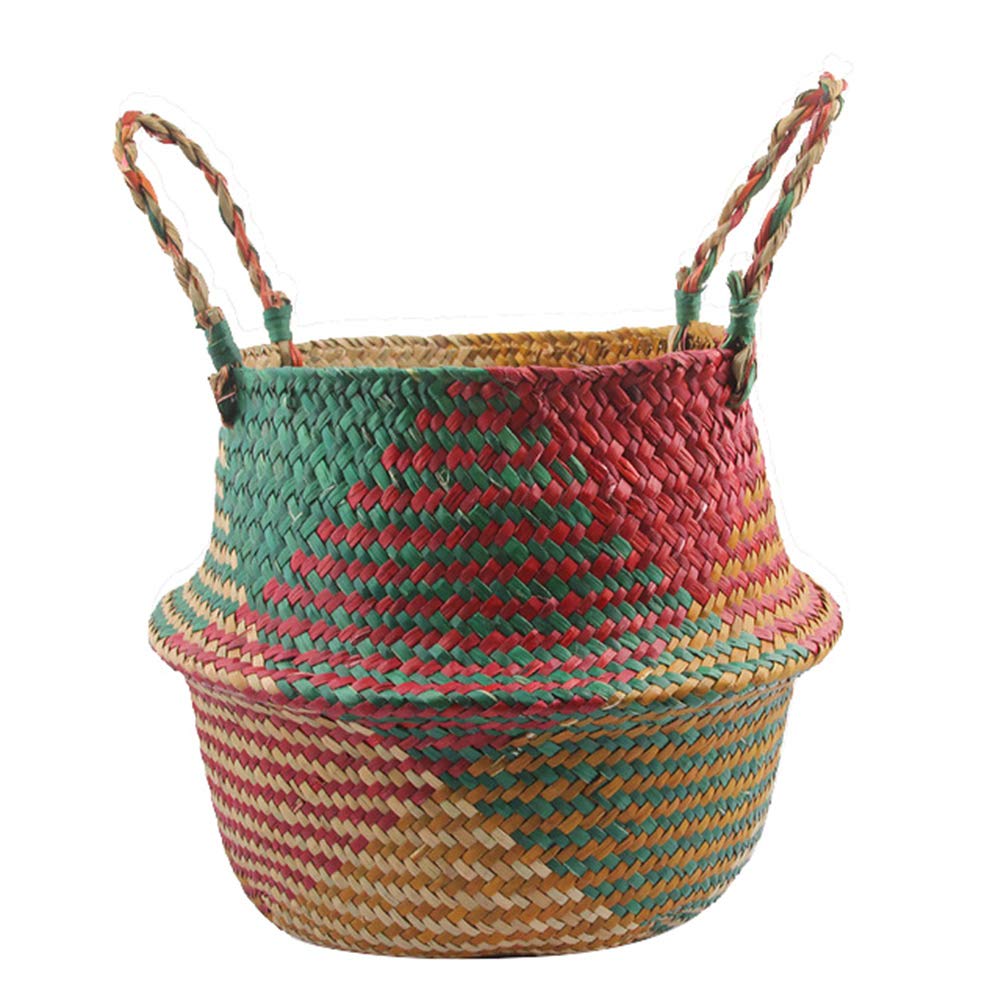 Colorido Folding Straw Wicker Storage Basket Dual Handle Plant Basket Indoor Planter Decorative Flower Pot Cover Green Red L