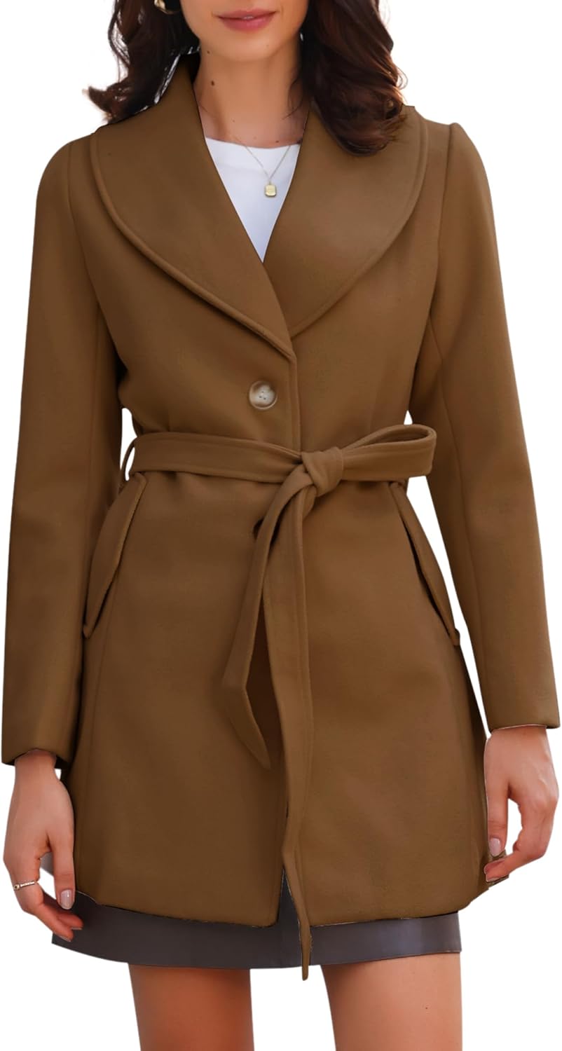 Allegra K Women's Pea Coat 2025 Winter Shawl Collar Wrap Tie Belted Single Breasted Long Overcoats