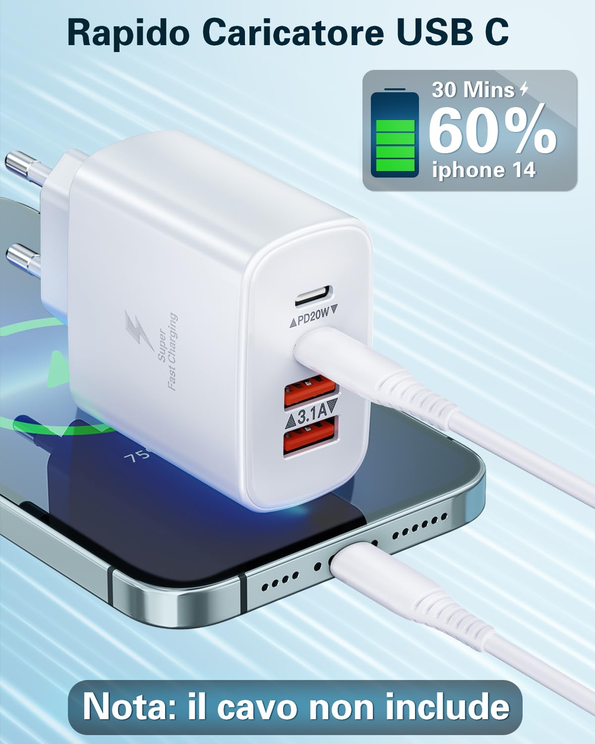 Caricatore USB C, 40W 4-Porto Rapido Presa USB Multipla PD+QC 3.0 Carica Cellulare, Spina Alimentatore USBC Caricabatterie per iPhone 16 15 14 13 12 11 Pro Max Plus, Samsung, Spinotto USB Adattatore