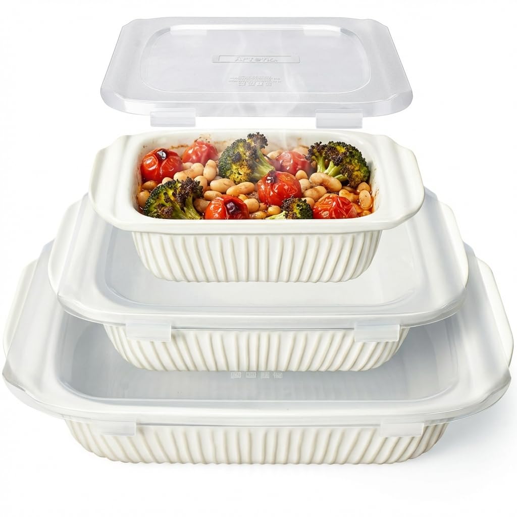 Photo 1 of Artena Casserole Dishes For Oven, Ceramic Baking Dish, Large Lasagna Pan With Handles, Baking Pan Casserole Dish, Rectangular Bakeware Deep, White, Set Of 3 (5.1Qt/2.3Qt/1.1Qt) (Baking Dish With Lids)