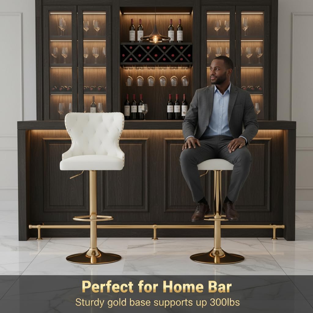 Set of 2 Adjustable Swivel Bar Stools, Faux Leather Upholstered Counter Height Chairs with High Back and Nailhead Trim, Gold Metal Legs and Footrest,for Kitchen Island or Home Bar,White