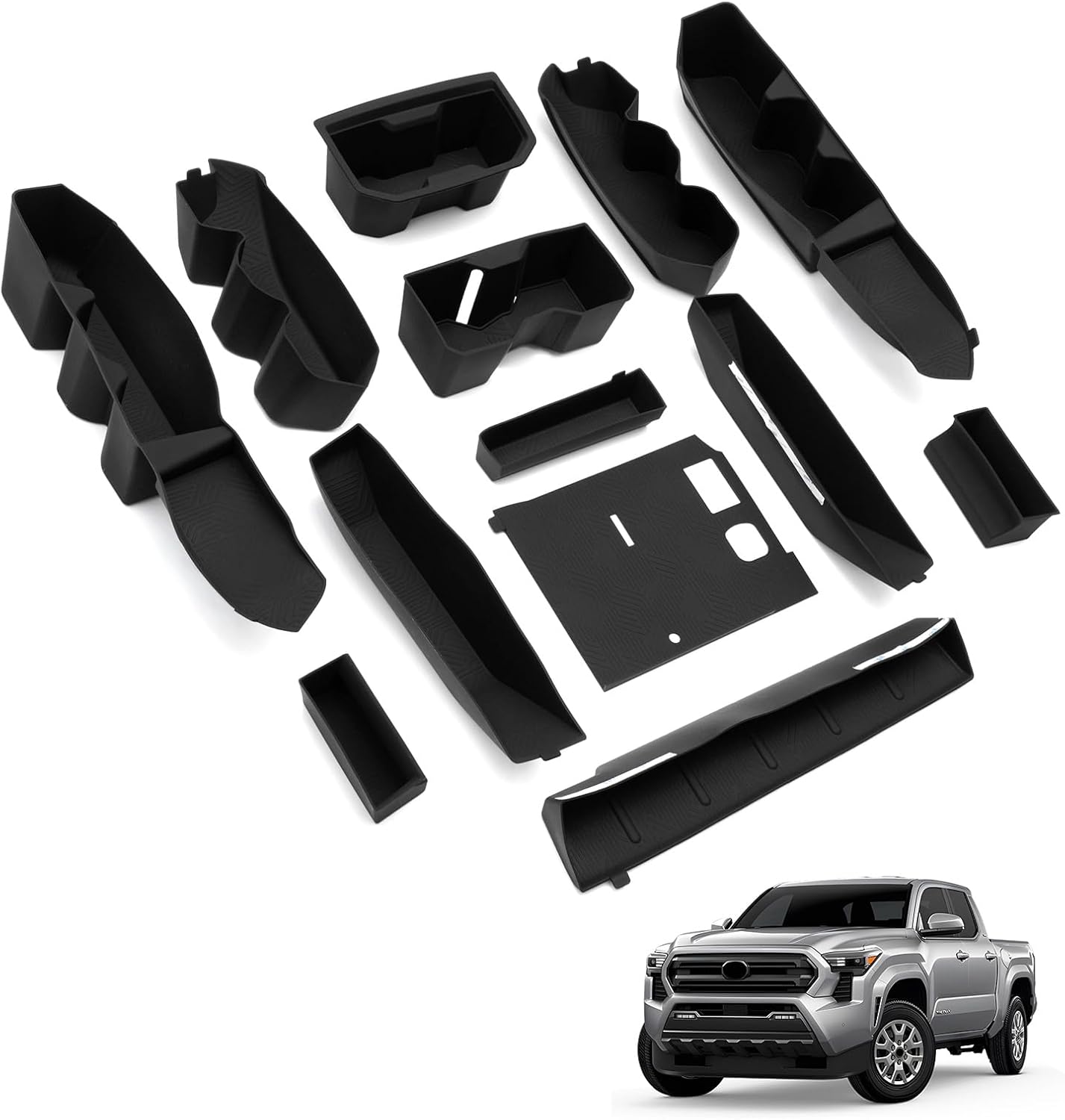 Karltys 13 Pcs Interior Silicone Inserts Liner for Toyota Tacoma 2024 2025 2026 Organizer Tray, Cup Holder Insert, Charging Panel Ultimate Tacoma Accessories Fully Covered, Non-Slip Protection