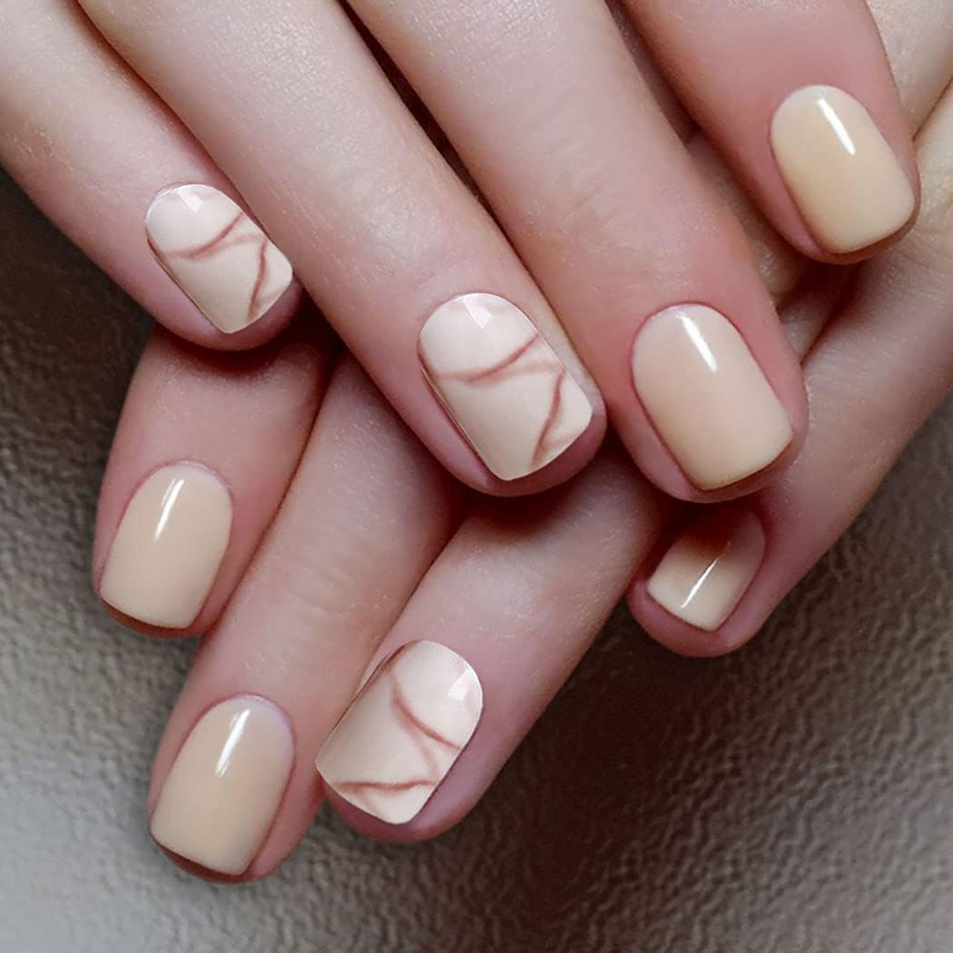 Fairvir Fashion False Nails Khaki Marble Oval Fake Nail Birthday Party Daily Clip Press on Nails for Women and Girls(24Pcs) - Image 5