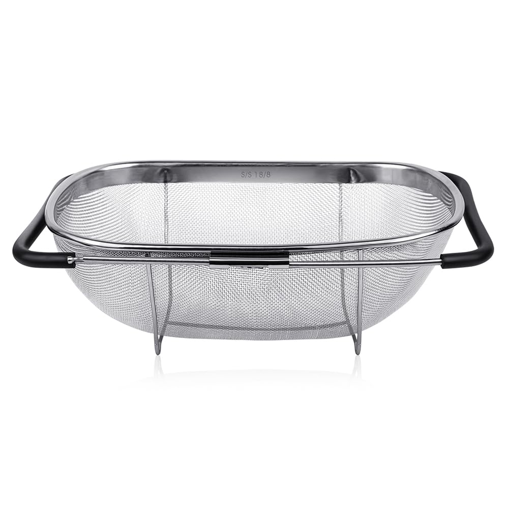 CTRLZS Telescopic Rubber Handle Fine Mesh Stainless Steel Large Sink Colander with Baskets Telescopic Rice Drain