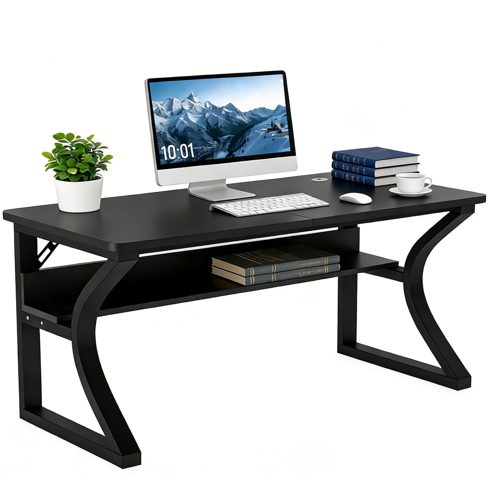 55 inch Computer Desk, Home Office Desk with Storage Shelf, Sturdy U-Shaped Metal Frame Study Table with Cable Management, Gaming Desk for Office & Bedroom