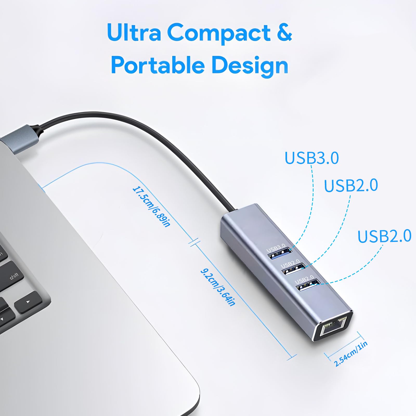 Adaptateur USB vers Ethernet, hub USB 3.0 à 3 ports avec adaptateur Ethernet RJ45 10/100 (2 x USB 2.0 et 2 x USB 3.0) en aluminium, compatible avec iMac, PC, ordinateurs portables Chromebook,
