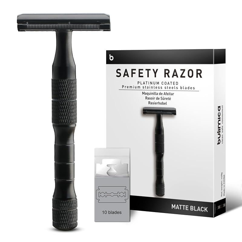 Aparelho de Barbear de Segurança BULIMICA Preto Fosco com 10 Lâminas de Dois Fios em Aço Inoxidável com Revestimento de Platina