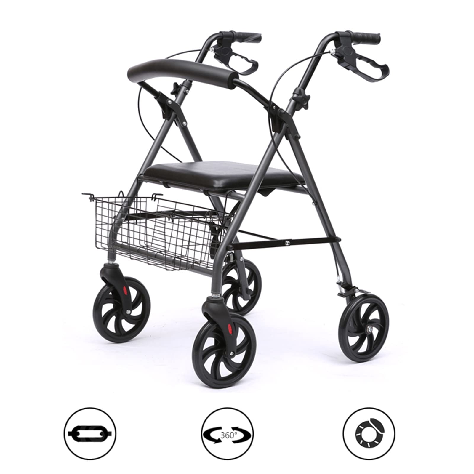 Andadores para personas mayores de 4 ruedas con asiento y cesta plegable, andador con ruedas para ancianos, plegable, ayuda a personas mayores y personas con discapacidad, estrella negra de luz