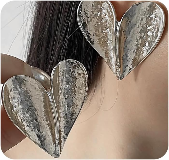 Gold Heart Stud Earrings for Women,Chunky Silver Hammered Big Drop Earrings Fashion Love Statement Dangle Earring,Boho Heart Jewelry Accessories Gift