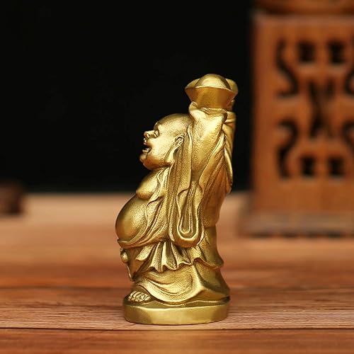 Miniatura 6 de BRASSTAR Adorno de latón Feng Shui Estatua de Buda riendo sosteniendo lingote bolsa de dinero para oficina en casa Figura decorativa Atrae riqueza