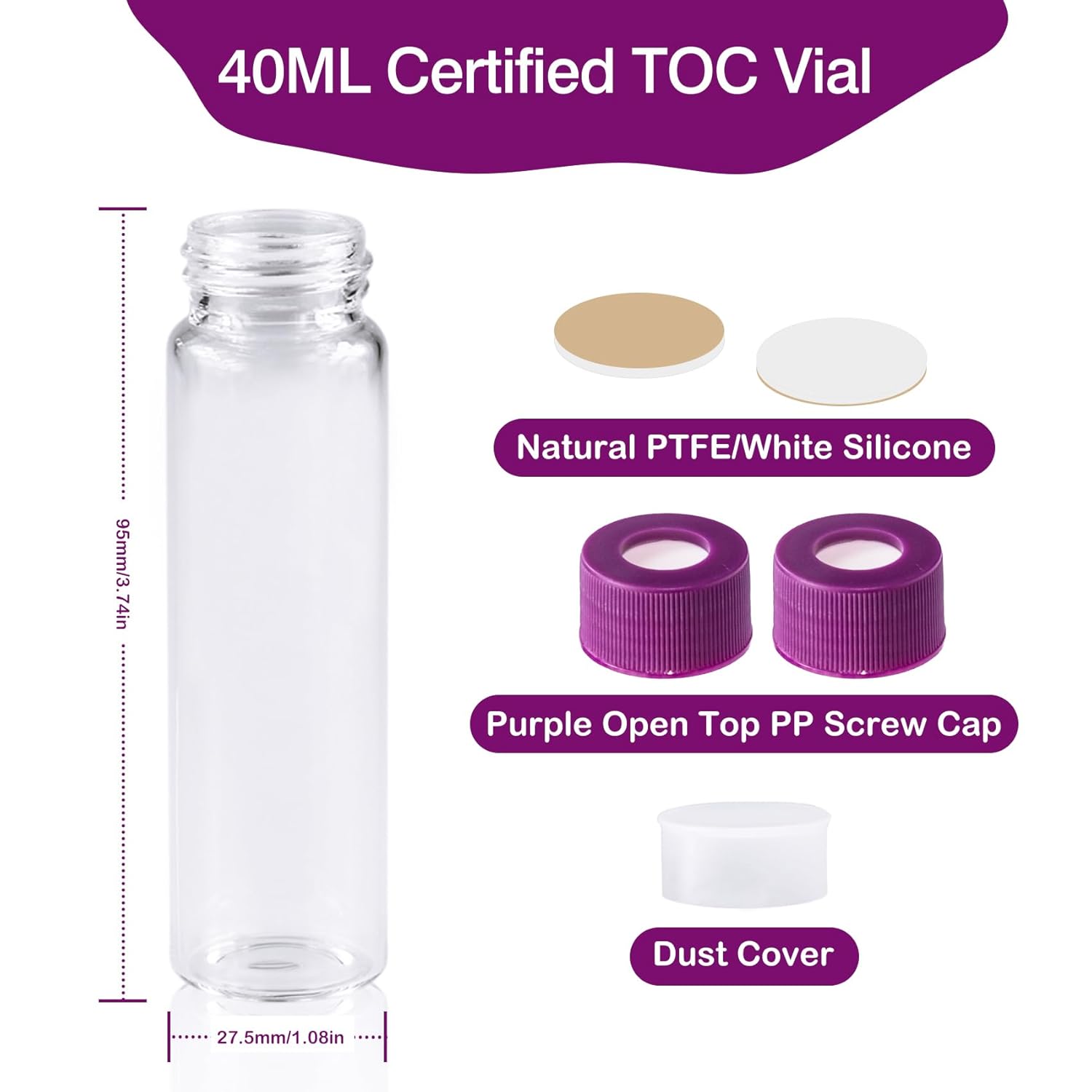 ALWSCI Certified TOC Vial 40 ml Clear EPA Screw Vial Convenience Kits, Low Background TOC, for Pharmaceutical Water and Drinking Water Analysis, 72 pcs/pk
