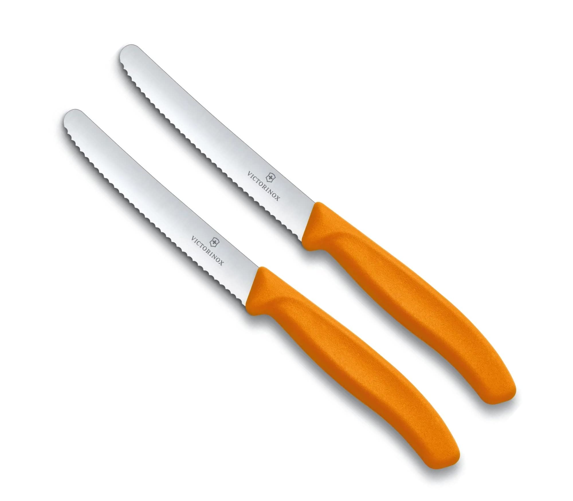 Victorinox | Küchenmesser-Set | 2 Stück Orange | Klingenlänge: 11cm | Extra scharfer Wellenschliff | Tafelmesser mit ergonomischen Griff