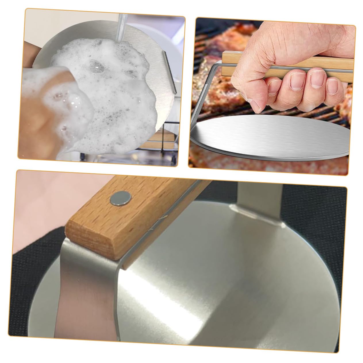Gatuida Prensa Hamburguesas Acero Inoxidable con Mango Ergonómico de Madera para Cocina Aplastador Manual de Carne Redondo Fácil Limpieza y Uso Seguro