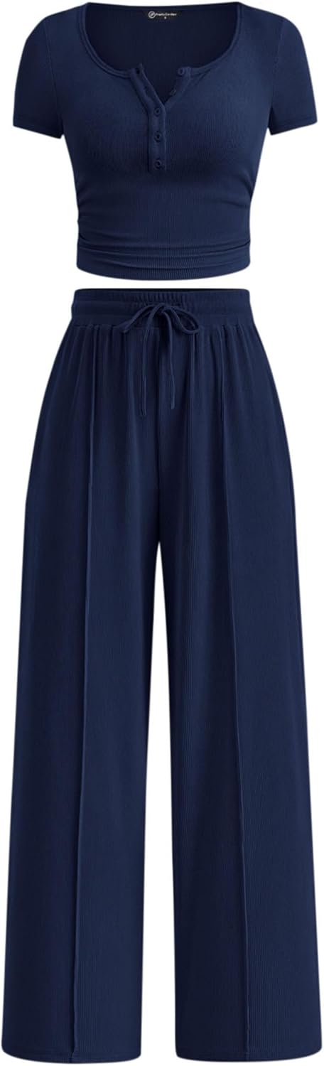 PRETTYGARDEN Womens 2 Piece Outfits Summer 2026 Ribbed Knit Button Short Sleeve Tops Casual Wide Leg Pants Lounge Sets