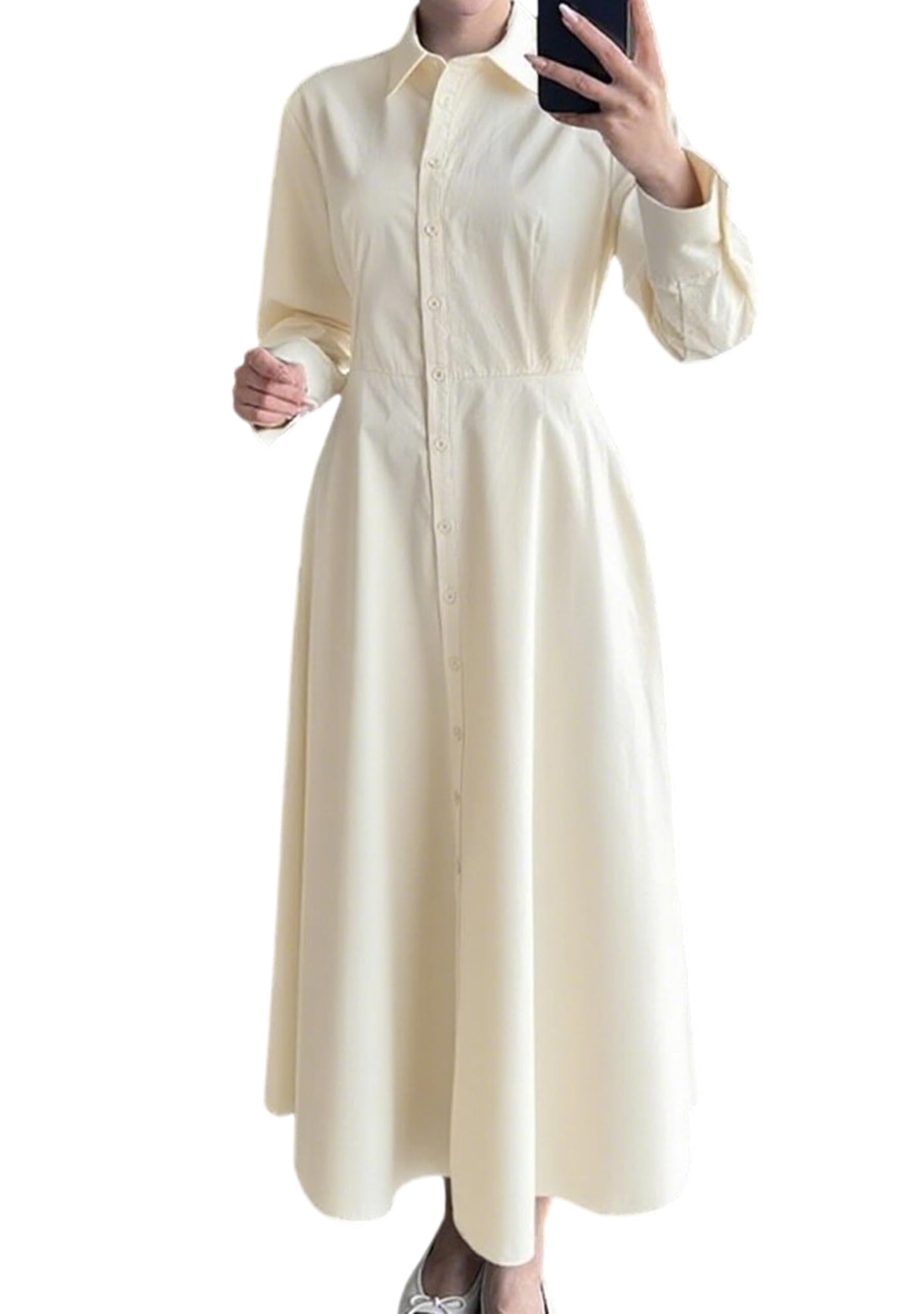 Donna Camicia Classica Vestito Maniche Lunghe Maxi