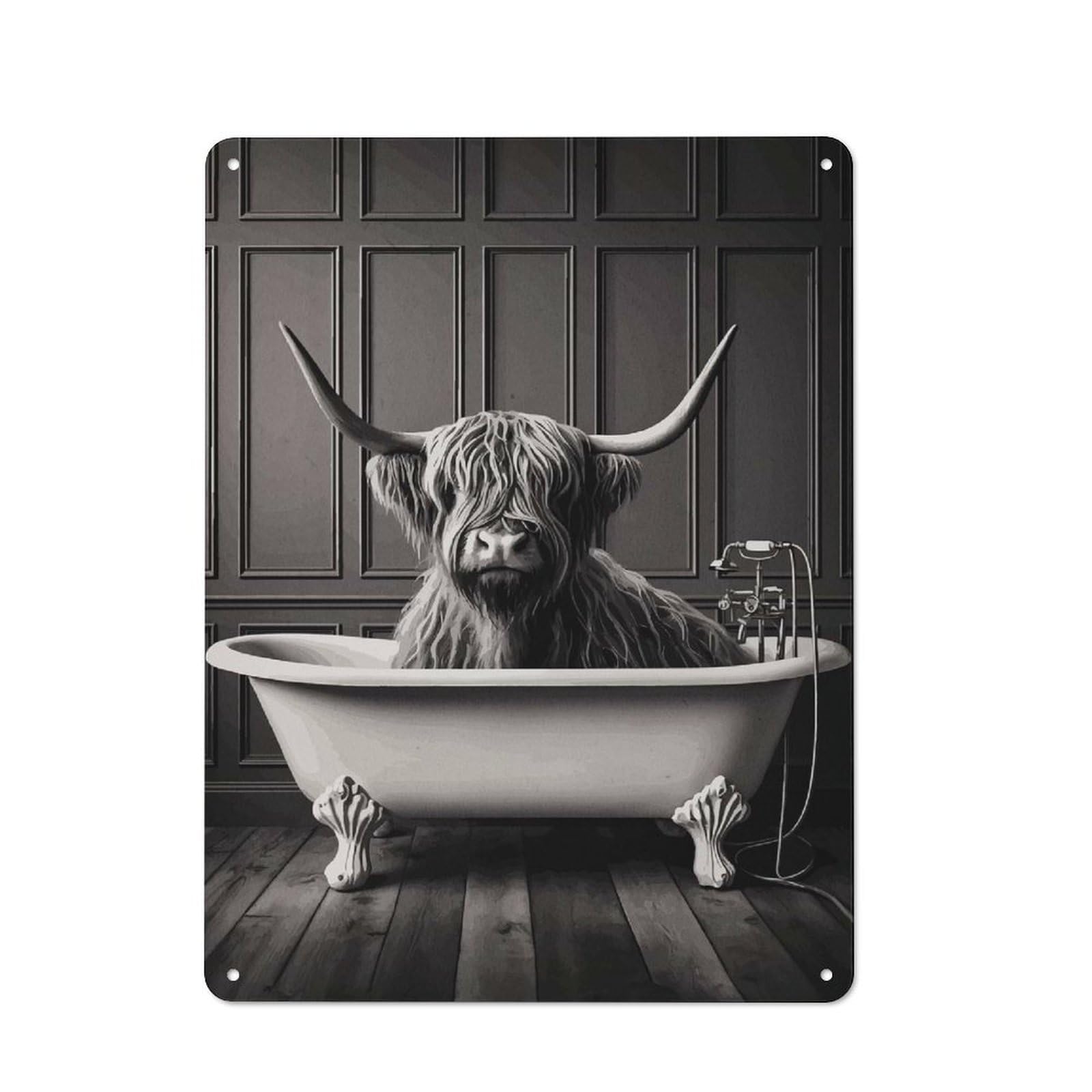 Junmoney Style-22-1 Highland Cow In Bathtub Retro-Style Tin Sign 40X30cm For Home Bar Wall, With Clear Retro Wall Decor Character