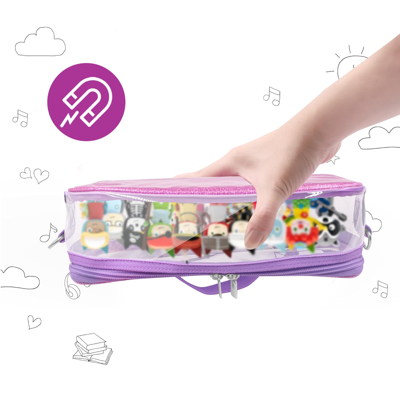 Taladad Carrying Case for Tonie Figures,Transparent Carrying Bag,Portable Storage Bag with Magnetic Base for 20-30 Tonie box Figures Characte Organizer (Purple)
