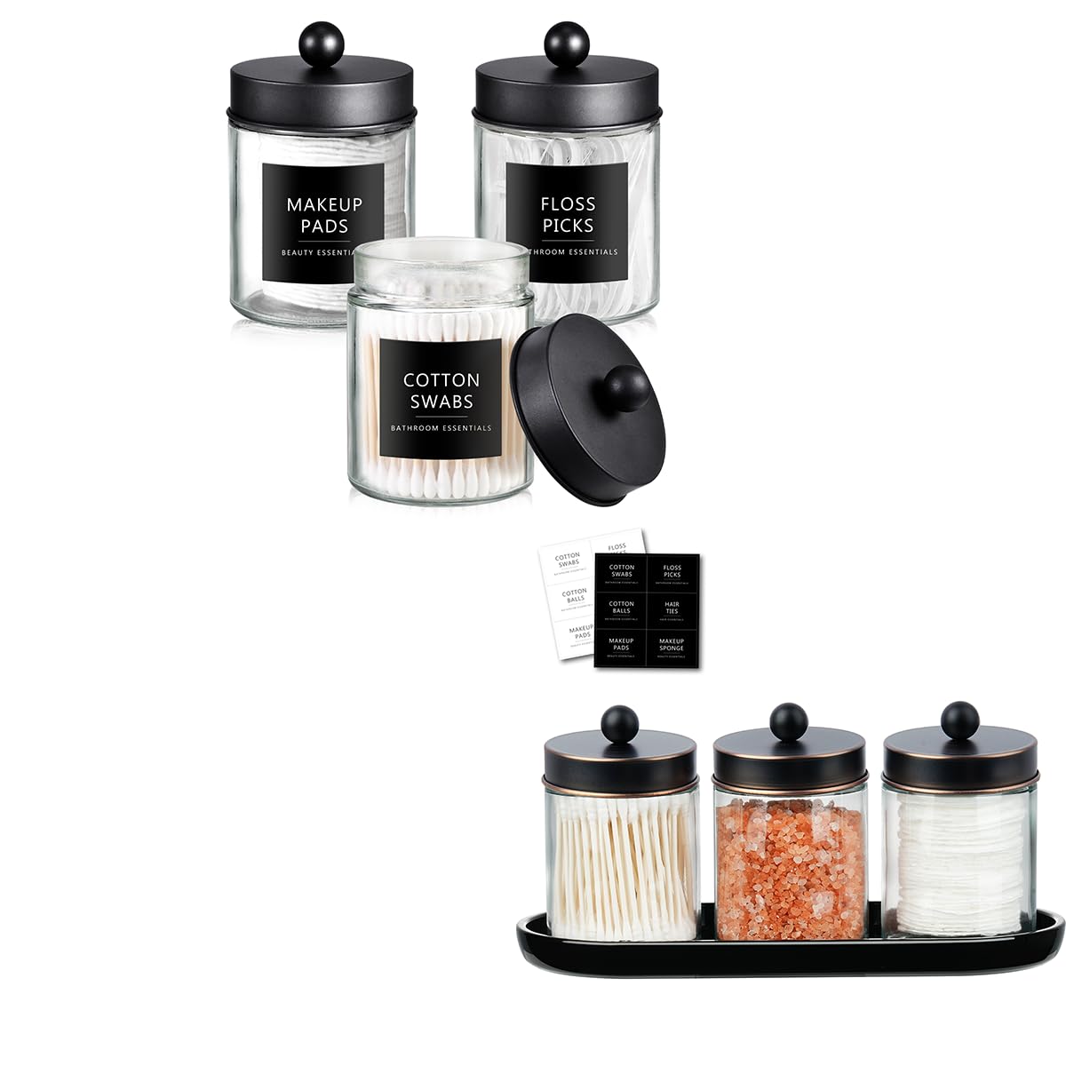 SheeChung Qtip Dispenser Holder Glass apothecary jars with Acrylic Vanity Tray Countertop Canister Guest Bathroom Essentials Storage Organizer