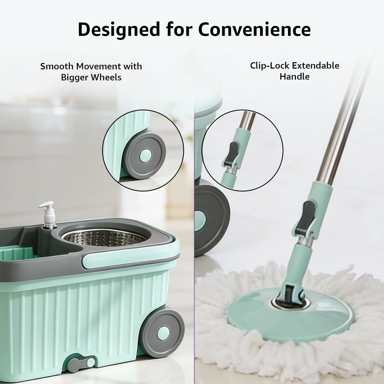 Amazon Brand - Presto! Elite Spin Mop with Steel Wringer and Auto-fold Handle, Green, 2 Refills 3