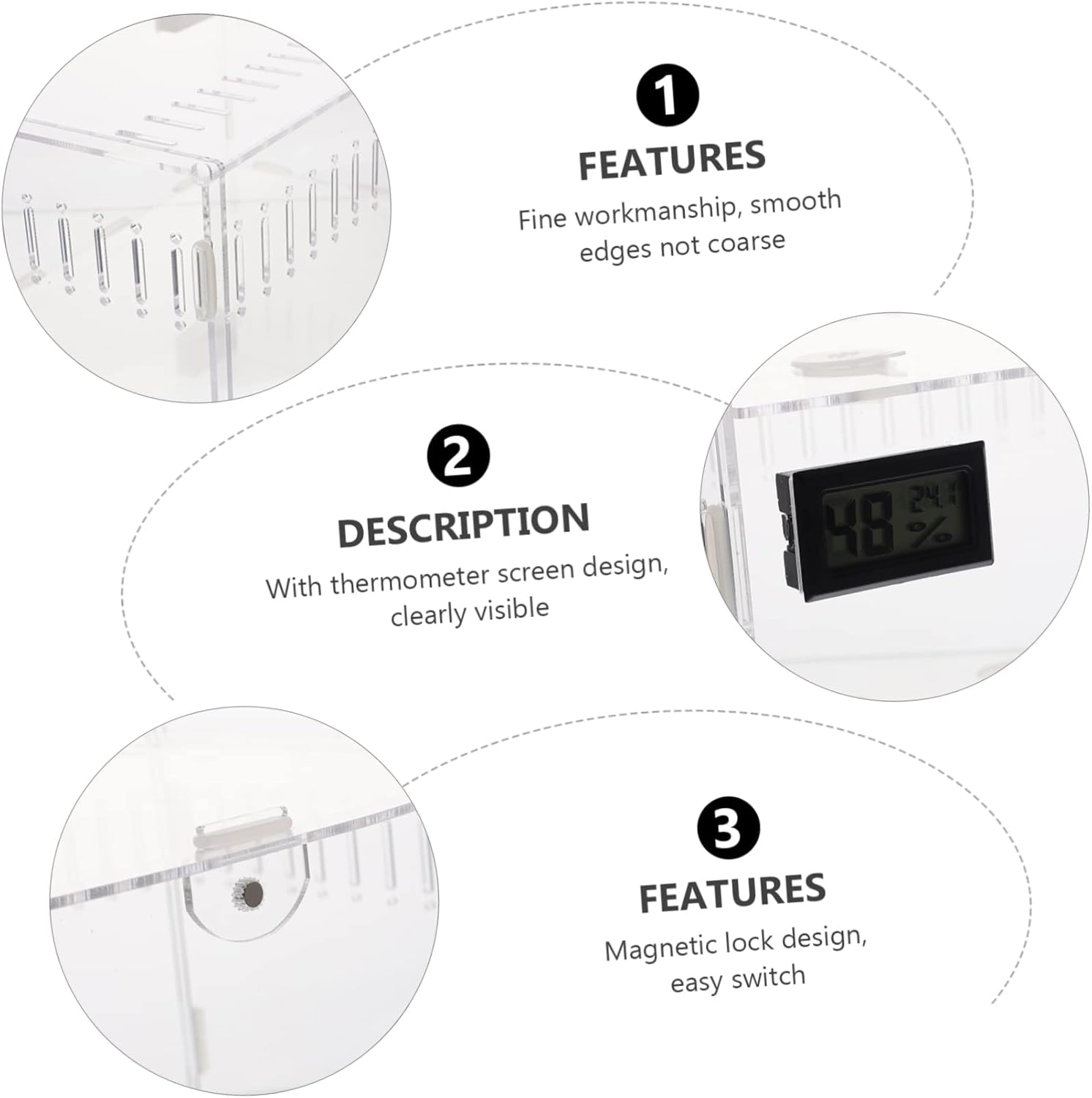 Portable Acrylic Reptile Breeding Box with Temperature and Humidity Transparent Premium Terrarium Enclosure for Snakes Tarantulas and Small Pets Ventilated Escape Cage for Reptile
