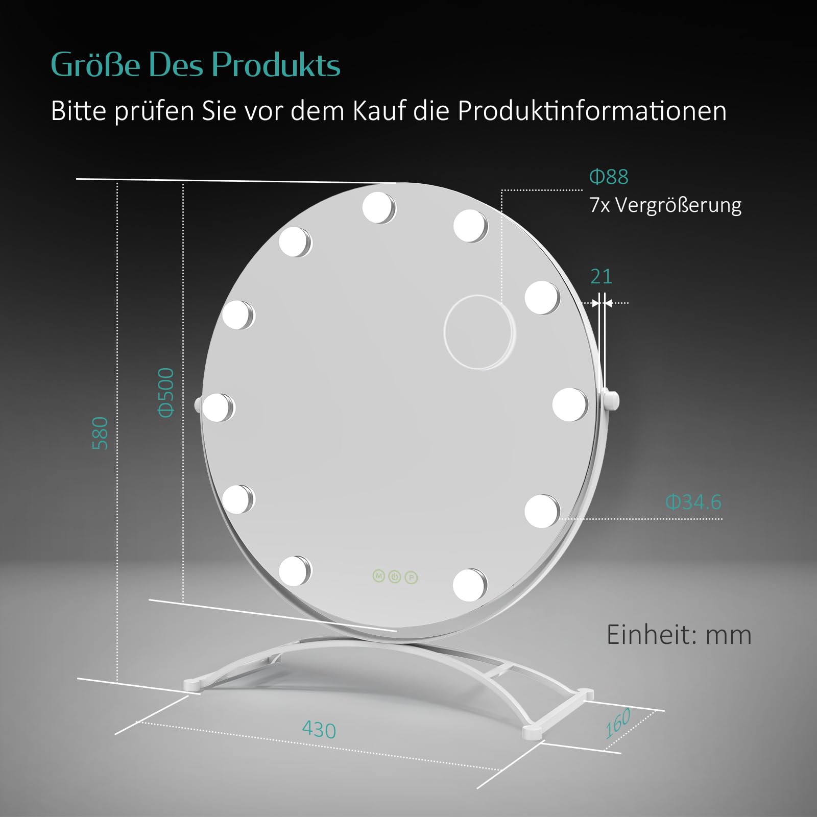 EMKE Hollywood Spiegel rund 50cm, Weiß, 3 Lichtfarben | Schminkspiegel mit Beleuchtung, 360 Grad drehbar, 9 LED Lampen, dimmbar, Speicherfunktion, Kosmetikspiegel für Schminktisch